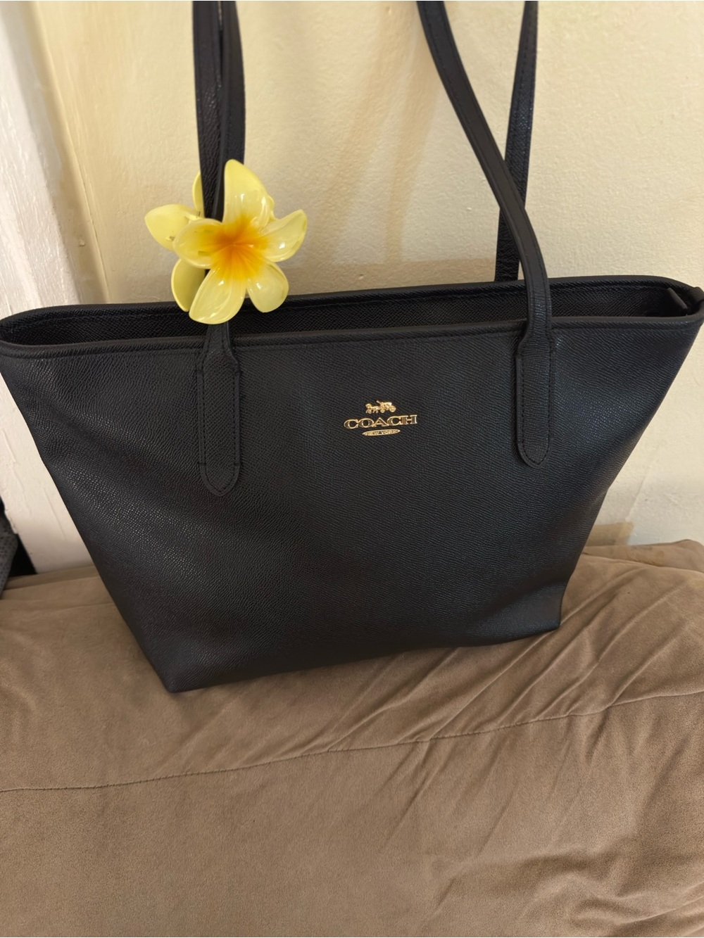 Coach Black Leather Zipper City Tote with Gold Logo Accent